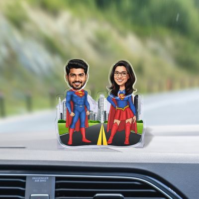 Personalized Super Man & Women Theme Bobblehead Caricature for Home Decor & Car Dashboard Solar Powered Moving Head Funny Gift for Couples